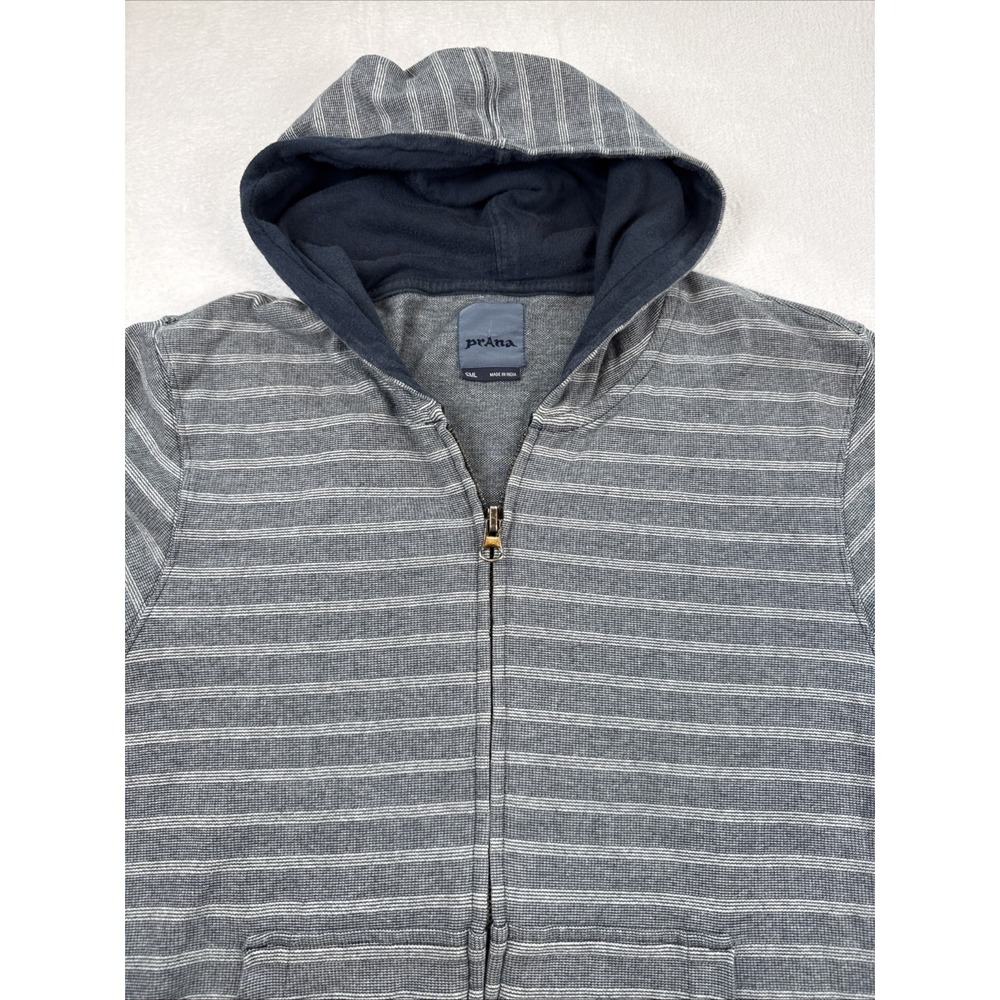 Vintage prAna Organic‎ Cotton Full Zip Hoodie Gray Stripe Adult Small 19x26 **